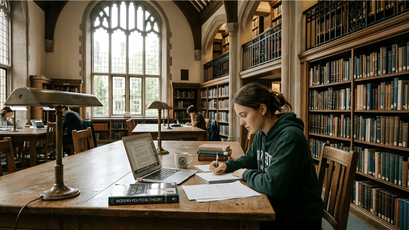 A female university student wearing a green hoodie and sitting at a long wooden table in a traditional library. She is focused on writing in a notebook, with an open laptop, a stack of books, and a mug positioned on the table near her. The room features extensive built-in bookshelves and large, ornate windows.