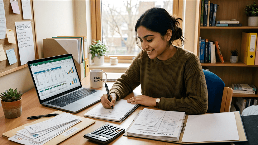A smiling female student in a green sweater sits at a well-organized wooden desk, focused on writing in a