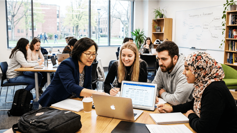 A group of diverse university students gathered around a laptop, with a female faculty advisor pointing at the screen to provide collaborative feedback on a class project. A whiteboard with educational diagrams is in the background.