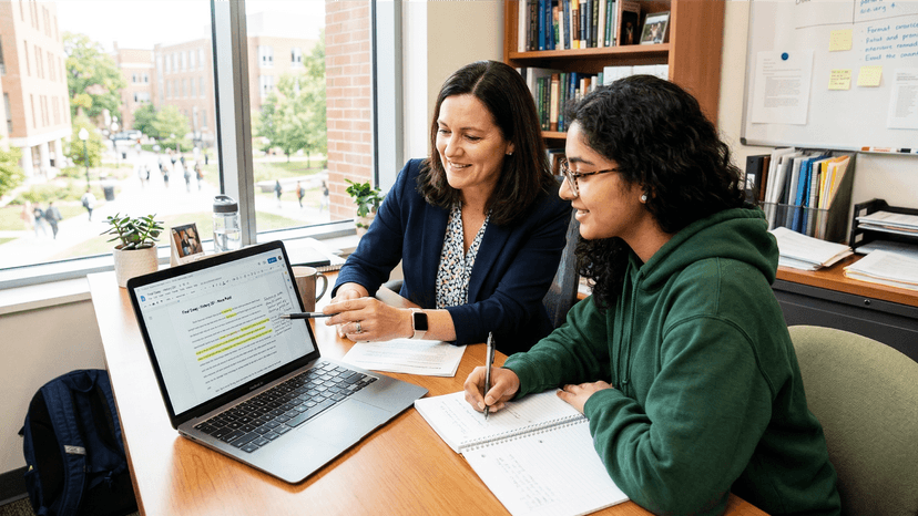 A close-up view of a university faculty member in a professional blazer providing personalized feedback on a research essay to a student with glasses, who is taking notes. They are looking at the same laptop screen in an office.