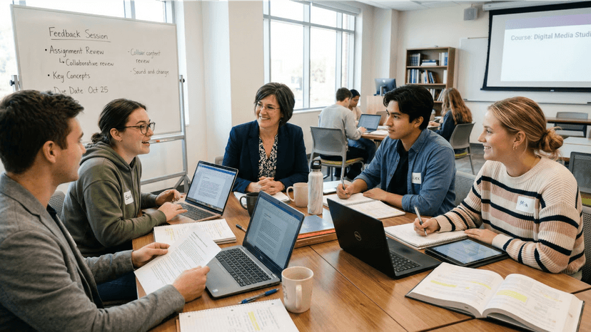 A group of diverse university students and a professor sit around a table for an interactive feedback session. A whiteboard in the background lists